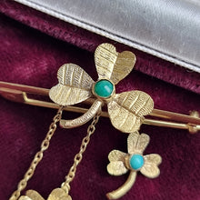Load image into Gallery viewer, Antique 9ct Gold Turquoise Clover Bar Brooch detail
