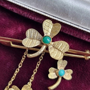 Antique 9ct Gold Turquoise Clover Bar Brooch detail