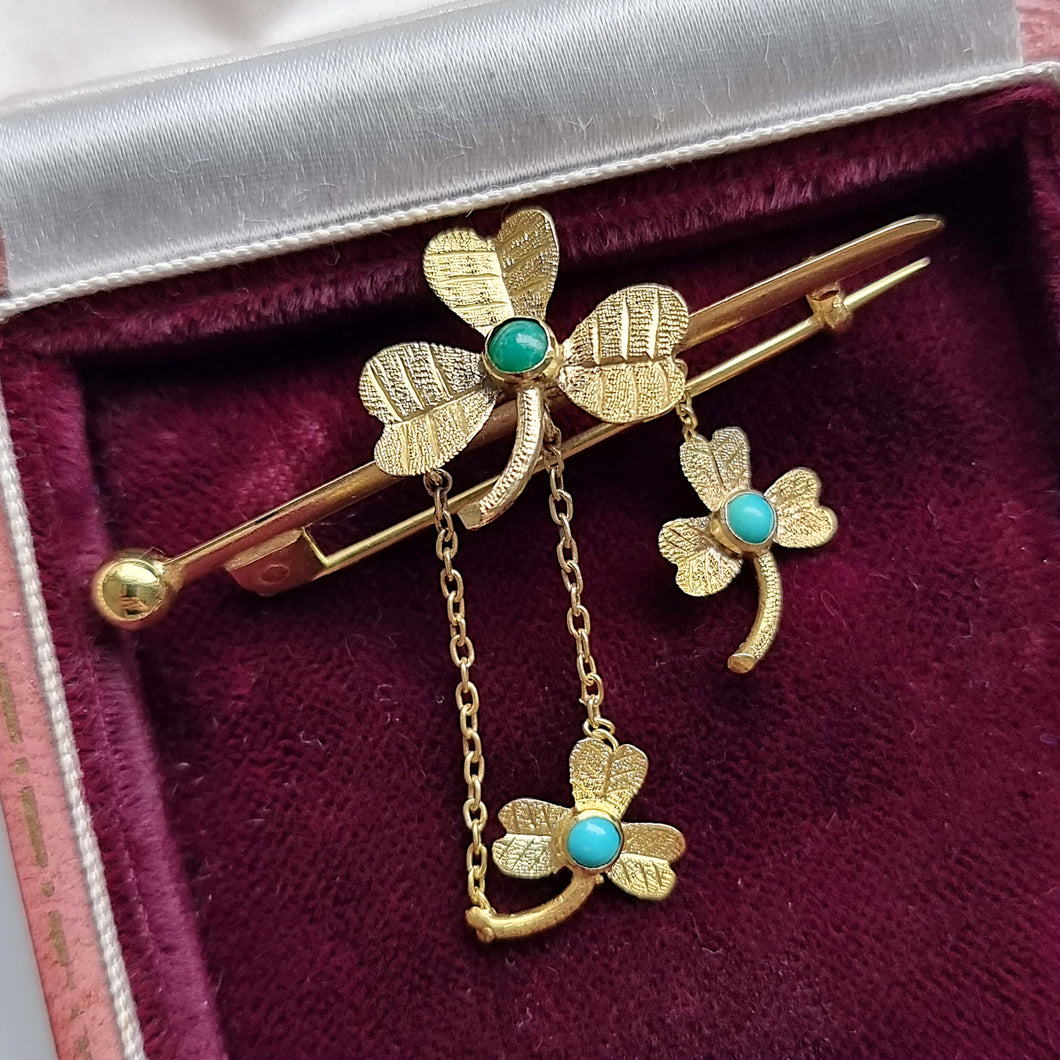 Antique 9ct Gold Turquoise Clover Bar Brooch in box