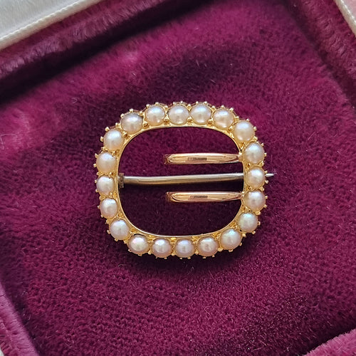 Antique 18ct Gold Pearl Buckle Brooch front