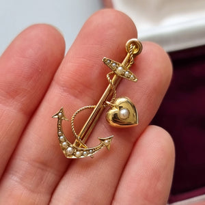 Antique 15ct Gold Anchor and Heart Bar Brooch in hand