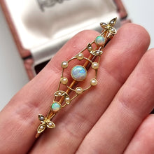 Load image into Gallery viewer, Antique 15ct Gold Opal and Seed Pearl Brooch in hand
