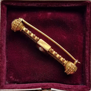 Victorian 15ct Gold Etruscan Style Pearl Bar Brooch side