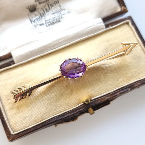 Antique 15ct Gold Amethyst Arrow Brooch in box