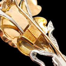Load image into Gallery viewer, A two tone gold flower brooch with diamonds, etched 18K
