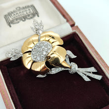 Load image into Gallery viewer, A two tone gold flower brooch with diamonds, in an antique box

