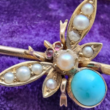 Load image into Gallery viewer, Antique 9ct &amp; 15ct Gold Turquoise, Pearl and Ruby Bug Brooch
