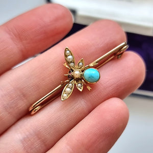 Antique 9ct & 15ct Gold Turquoise, Pearl and Ruby Bug Brooch