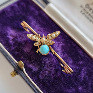 Antique 9ct & 15ct Gold Turquoise, Pearl and Ruby Bug Brooch