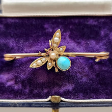 Load image into Gallery viewer, Antique 9ct &amp; 15ct Gold Turquoise, Pearl and Ruby Bug Brooch in box
