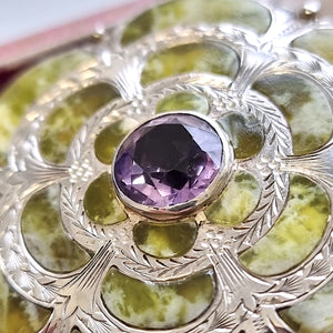 Vintage Sterling Silver Connemara Marble and Amethyst Brooch close-up