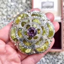 Load image into Gallery viewer, Vintage Sterling Silver Connemara Marble and Amethyst Brooch in hand
