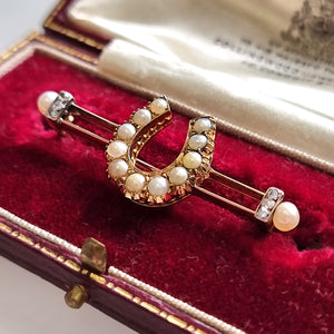 Antique 9ct Gold Pearl and Rose Cut Diamond Horseshoe Brooch in box