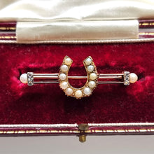 Load image into Gallery viewer, Antique 9ct Gold Pearl and Rose Cut Diamond Horseshoe Brooch in box
