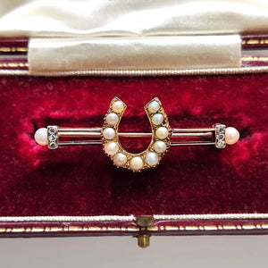 Antique 9ct Gold Pearl and Rose Cut Diamond Horseshoe Brooch in box