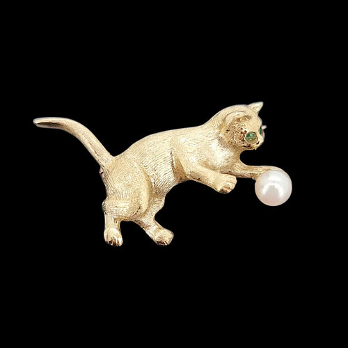 Vintage 9ct Yellow Gold Cat Playing with Pearl Brooch on a black background