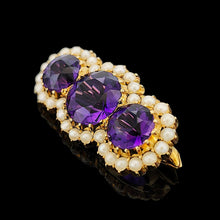 Load image into Gallery viewer, A yellow gold pearl and amethyst brooch, on a black background
