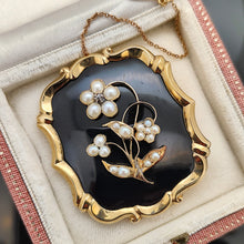 Load image into Gallery viewer, A black onyx, pearl and diamond flower brooch in yellow gold, in an antique box
