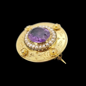 Victorian 15ct Gold Amethyst and Seed Pearl Floral Brooch