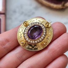 Load image into Gallery viewer, Victorian 15ct Gold Amethyst and Seed Pearl Floral Brooch
