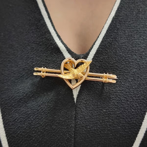 Antique 15ct Gold Swallow and Heart Bar Brooch modelled
