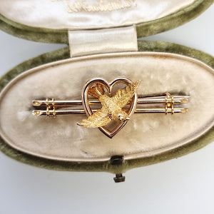 Antique 15ct Gold Swallow and Heart Bar Brooch in box