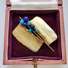 Load image into Gallery viewer, Vintage 14K Gold Lapis and Turquoise Abstract Brooch in box
