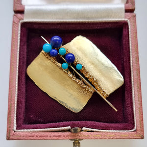 Vintage 14K Gold Lapis and Turquoise Abstract Brooch in box