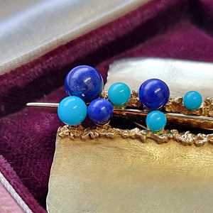 Vintage 14K Gold Lapis and Turquoise Abstract Brooch detail
