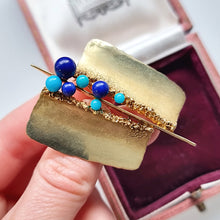 Load image into Gallery viewer, Vintage 14K Gold Lapis and Turquoise Abstract Brooch in hand
