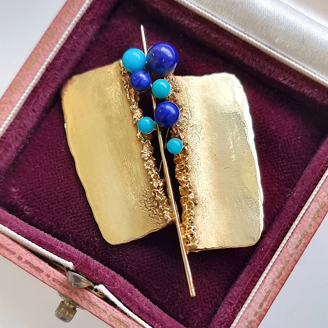 Vintage 14K Gold Lapis and Turquoise Abstract Brooch front