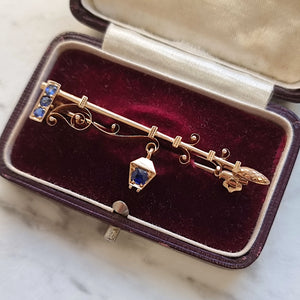 Antique 15ct Gold Lantern Lamp-post Sapphire Brooch in box