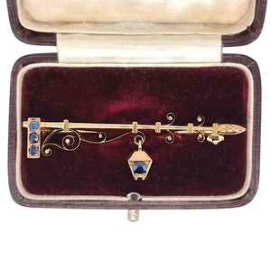 Antique 15ct Gold Lantern Lamp-post Sapphire Brooch in box