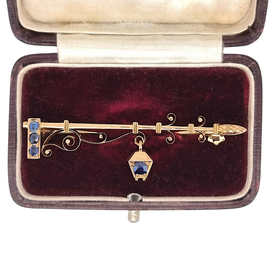 Antique 15ct Gold Lantern Lamp-post Sapphire Brooch in box