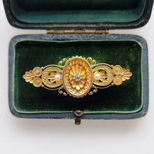 Load image into Gallery viewer, Victorian 15ct Gold Diamond and Pearl Locket Back Brooch in box
