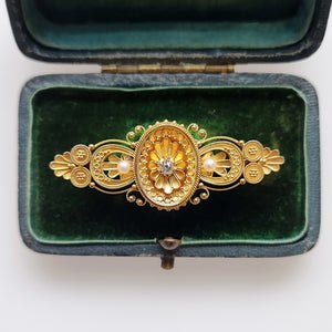Victorian 15ct Gold Diamond and Pearl Locket Back Brooch in box