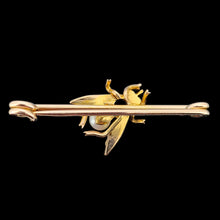 Load image into Gallery viewer, A yellow gold fly bar brooch with sapphire, pearls and diamond eyes, on a black background
