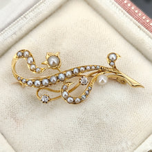 Load image into Gallery viewer, A yellow gold pearl and diamond flower brooch, in an antique box
