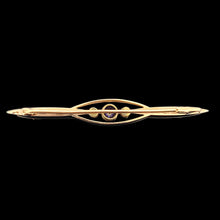 Load image into Gallery viewer, A yellow gold sapphire and pearl bar brooch, on a black background
