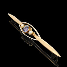 Load image into Gallery viewer, A yellow gold sapphire and pearl bar brooch, on a black background
