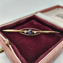 Load image into Gallery viewer, A yellow gold sapphire and pearl bar brooch, in an antique box
