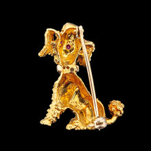 Load image into Gallery viewer, A yellow gold poodle dog brooch, on a black background
