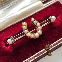 Load image into Gallery viewer, Antique 9ct Gold Pearl and Rose Cut Diamond Horseshoe Brooch in box
