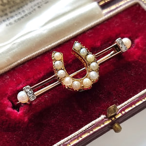 Antique 9ct Gold Pearl and Rose Cut Diamond Horseshoe Brooch in box