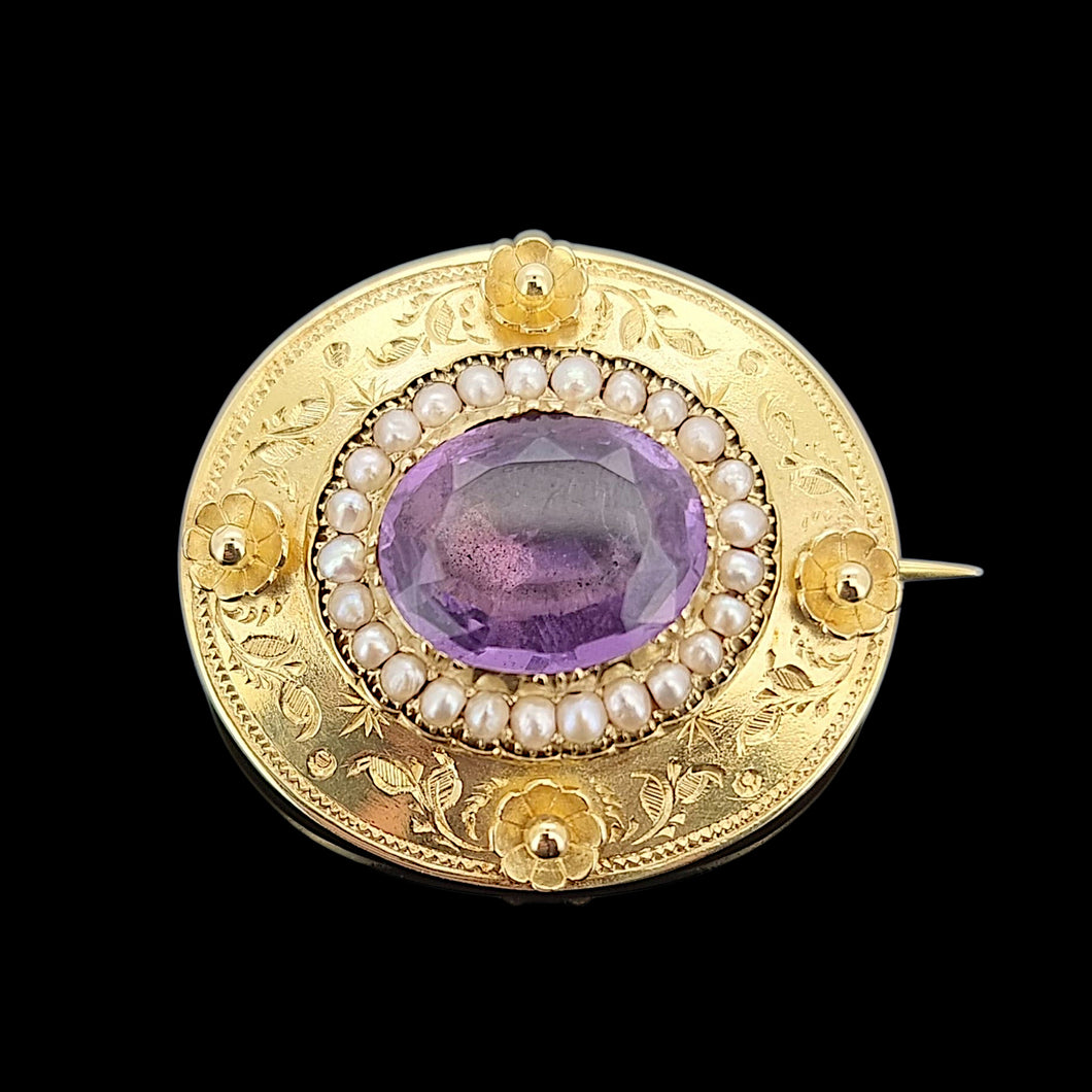 Victorian 15ct Gold Amethyst and Seed Pearl Floral Brooch
