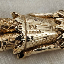 Load image into Gallery viewer, Close-up of a 9 carat gold London 1967 hallmark and FM maker's mark on a yellow gold charm
