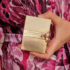 Art Deco 14k Yellow Gold Ruby Compact Case in hand