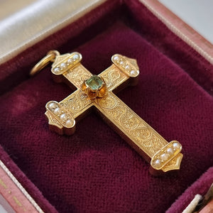 Victorian 15ct Gold Emerald and Pearl Ornate Cross side
