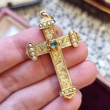 Load image into Gallery viewer, Victorian 15ct Gold Emerald and Pearl Ornate Cross in hand
