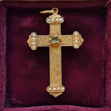 Load image into Gallery viewer, Victorian 15ct Gold Emerald and Pearl Ornate Cross front
